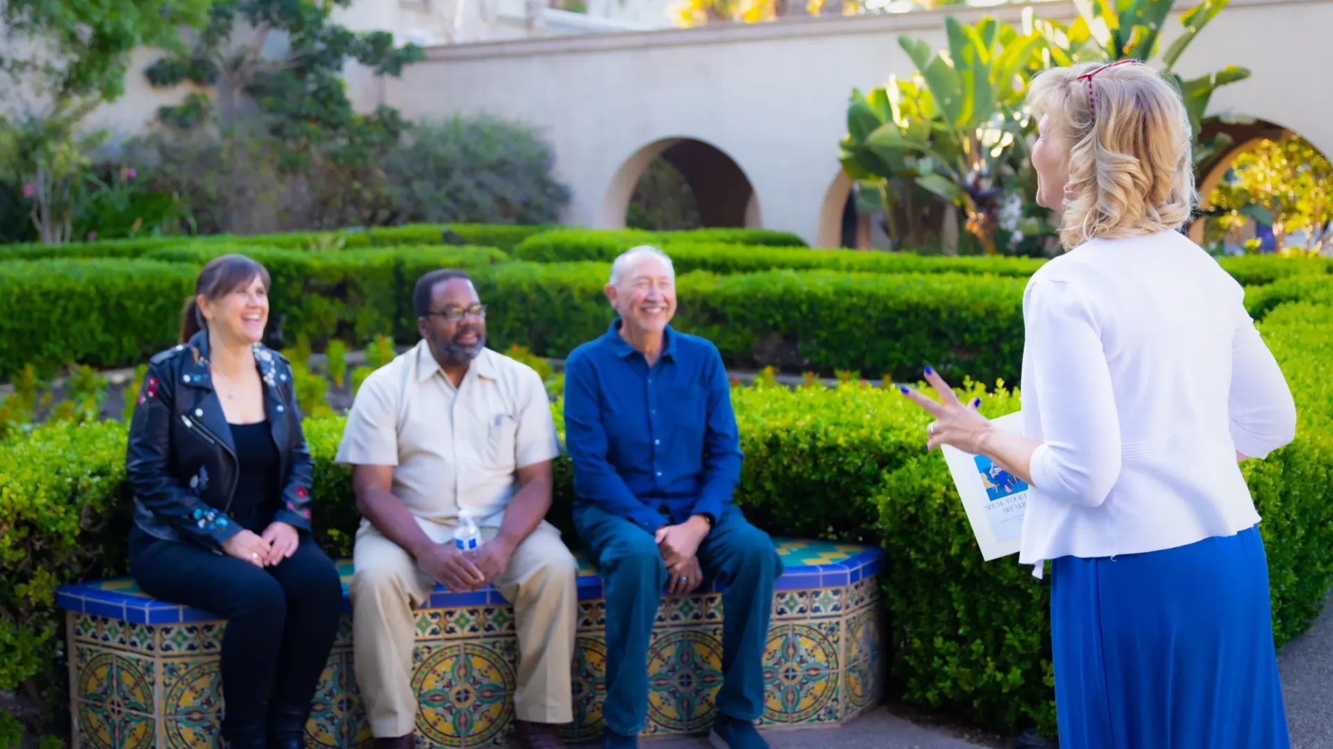Mona speaking at Balboa Park to a small group
